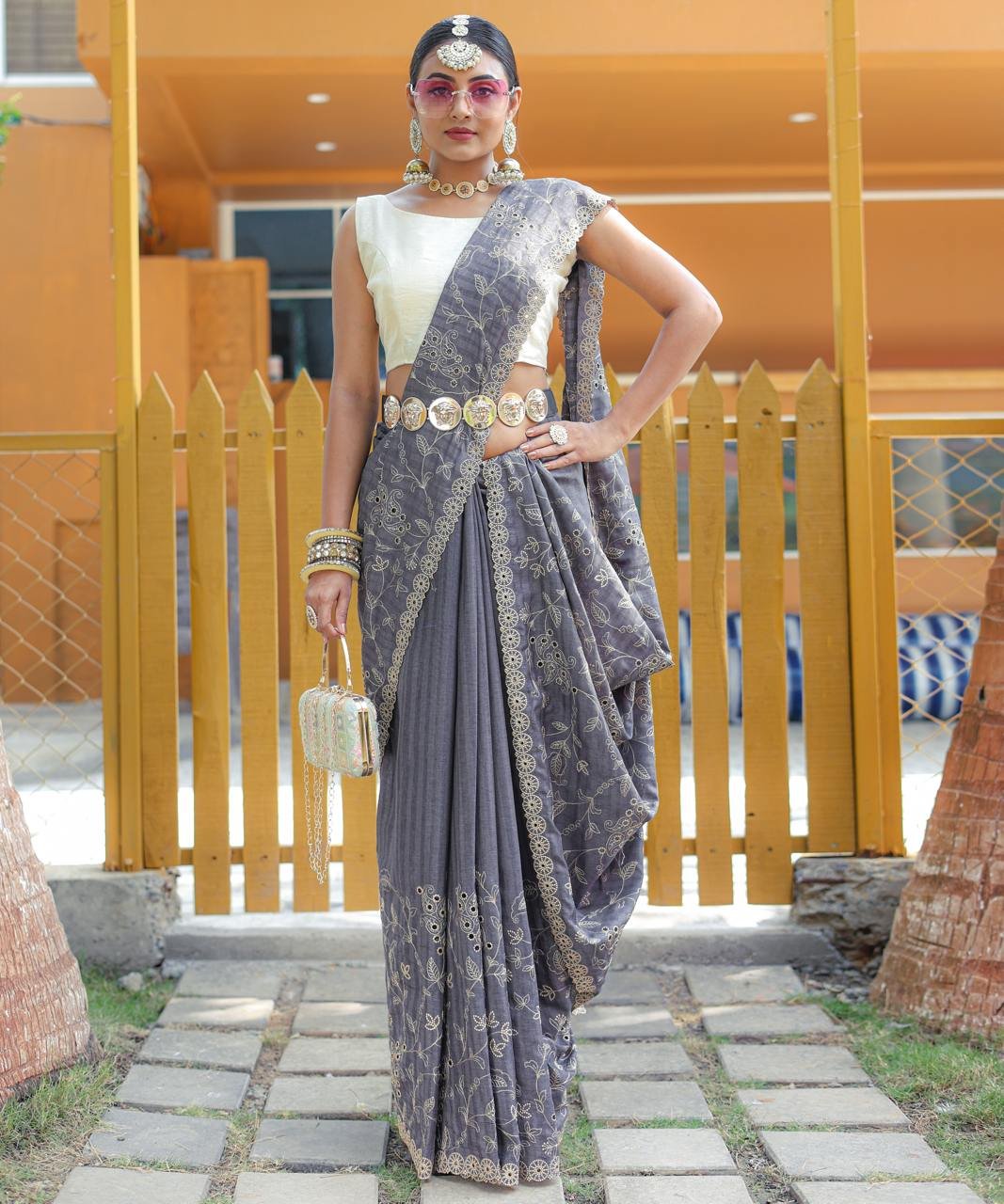 Women's Royal Prussian Blue Georgette Saree with Intricate Silver Thread & Mirror Work Embroidery – Perfect for Festive & Wedding Celebrations - Image 17